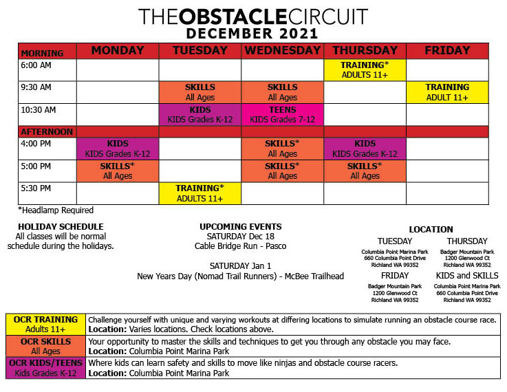 The Obstacle Circuit December 2021 Fitness Class Schedule