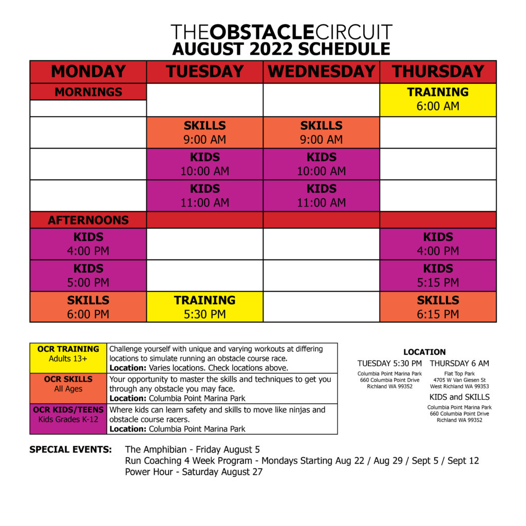 August 2022 Class Schedule