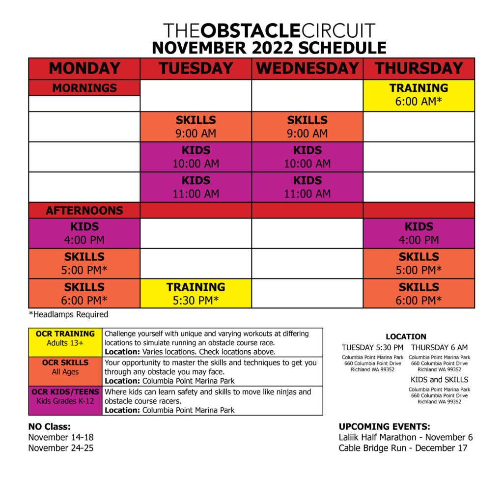 November 2022 Class Schedule