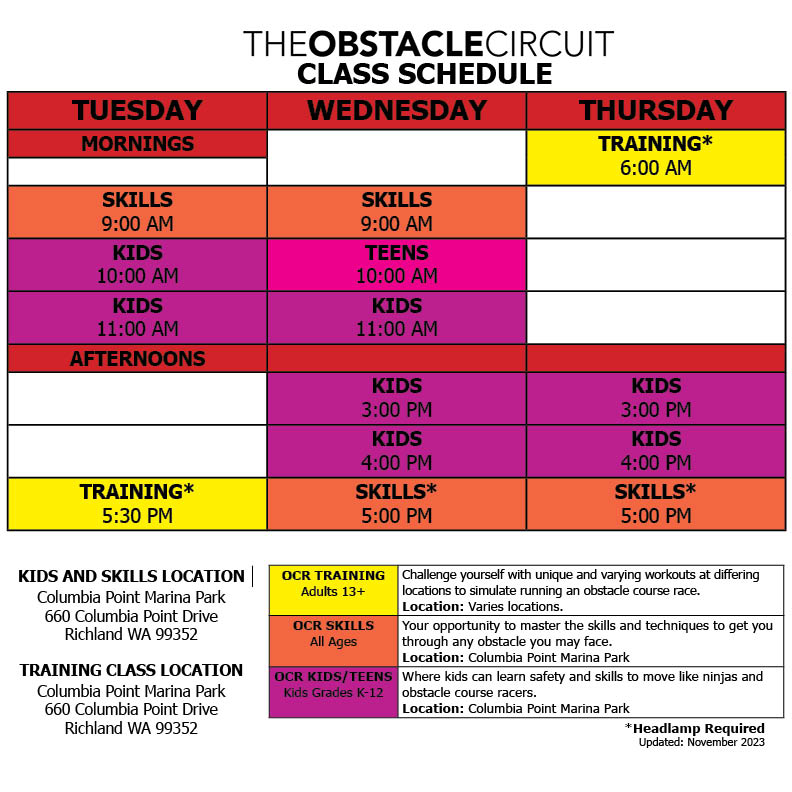 The Obstacle Circuit November 2023 Schedule