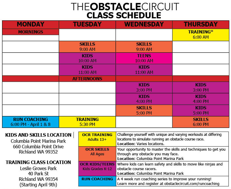 The Obstacle Circuit April 2024 Class Schedule